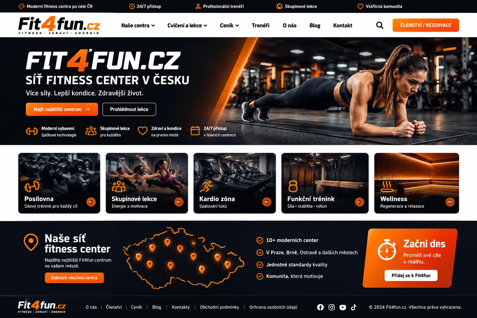 Ilustrační návrh sítě fitness center Fit4fun.cz s lekcemi, centry a oranžovým akcentem