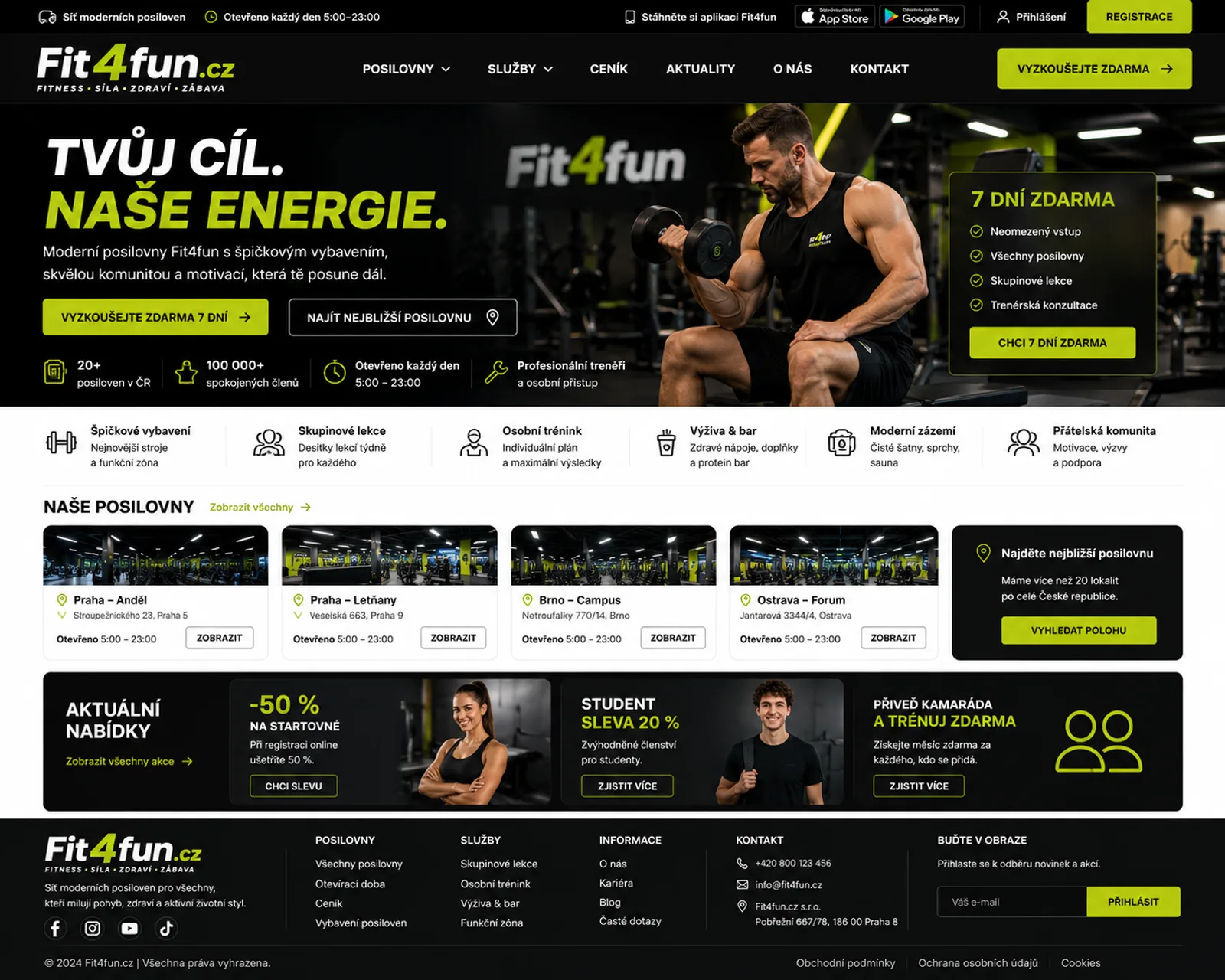 Ilustrační návrh fitness centra Fit4fun.cz s posilovnou, trenéry a limetovým akcentem