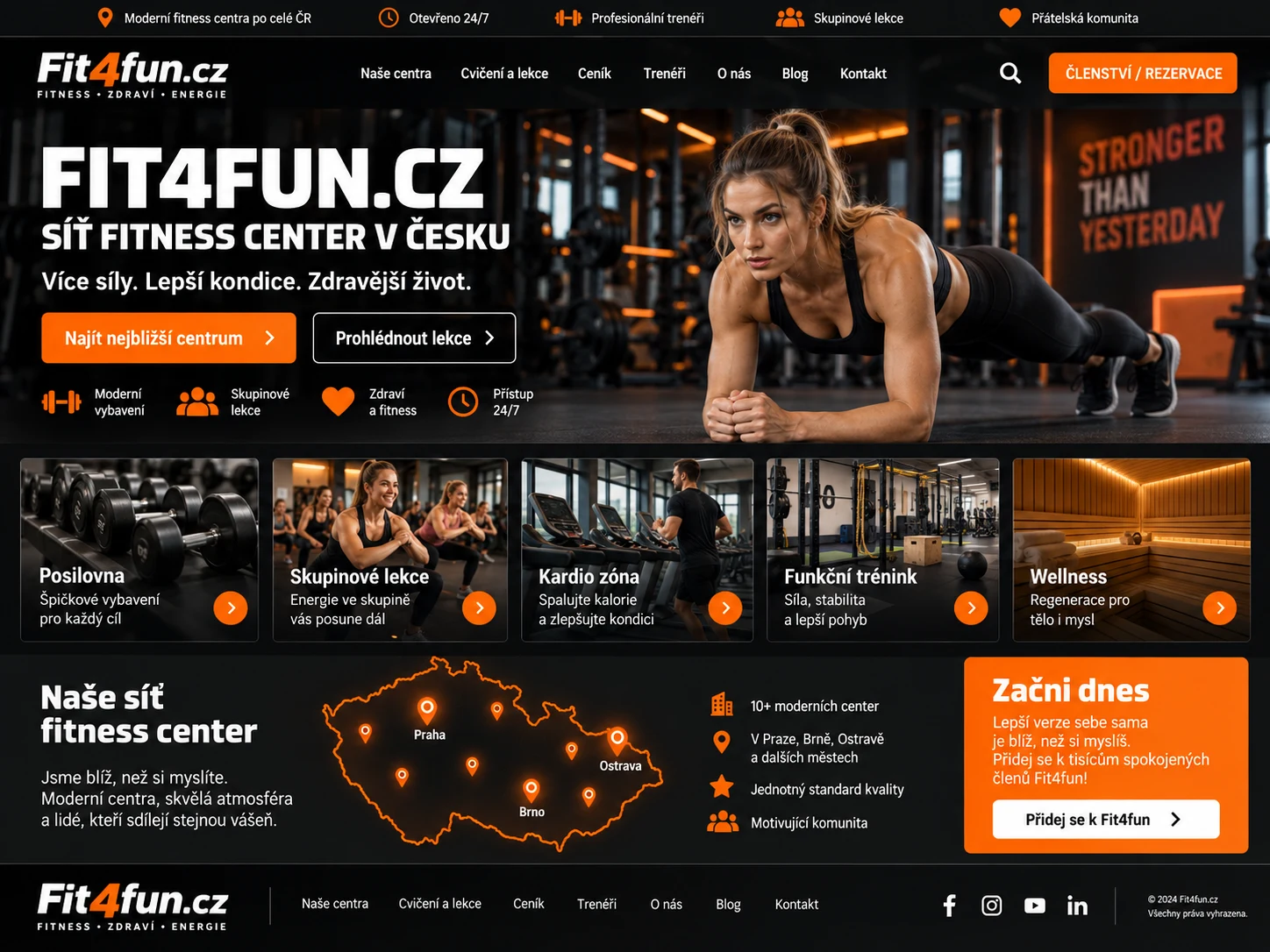 Ilustrační návrh sítě moderních fitness center Fit4fun.cz s oranžovo-černým interiérem, skupinovými lekcemi a trénující ženou
